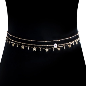 Sexy layered gold waist chain with butterfly pendants, daisy flower, and rhinestones