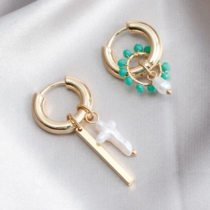 Asymmetric Gold Plated Alloy Artificial Baroque Pearl Hoop Earrings With Beads Cross Pendant Geometric Drop Earrings For Women