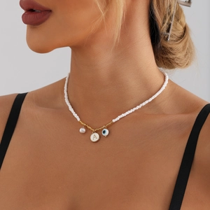 Bohemian White Seed Bead Necklace For Women Gold Alloy Evil Eye Letter Pendant Artificial Pearl Choker Jewelry Gift