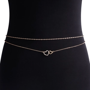 Chaîne de ventre dorée à double couche avec pendentifs cœurs entrelacés et cristaux pour femme