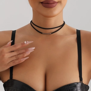 Minimalist double layer black velvet choker necklace with polished silver metal tube