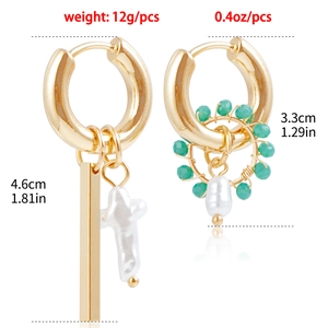 Geometric gold earrings with green beads and pearls showing 4.6cm and 3.3cm dimensions