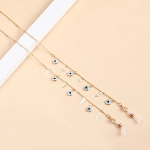 Chaîne à lunettes dorée avec perles œil bleu et breloques délicates en feuille