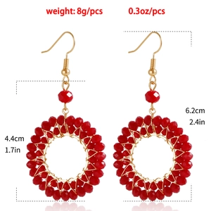 Fashionable red crystal beaded round hoop earrings with elegant gold metal hooks