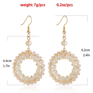 Detail showing colorful crystal woven earrings dimensions 6.2cm long and 4.4cm wide