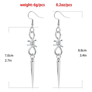 Gothic barbed wire earrings with long tassel spikes in silver finish measuring 8.8cm