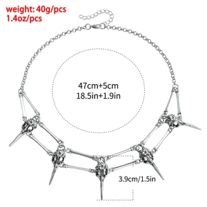 Gothic silver-tone bird skull necklace with five pendants for pagan wizard style