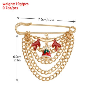Weihnachtsbrosche mit roten Rentiergeweihen, Glocken und Kettenanhängern in Gold