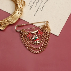 Eleganter Weihnachts-Brosche mit goldener Nadel, Ketten, Hirschgeweih und roter Glocke