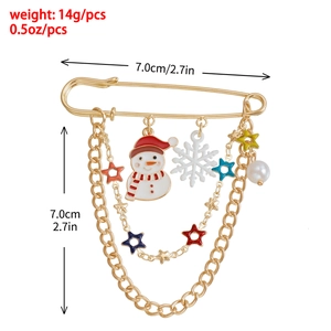 Christmas snowman and snowflake multi-layer chain brooch with stars and pearl details