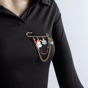 Alloy Christmas Snowman Snowflake Star Layered Chain Brooch For Women Enamel Drip Oil Gold Safety Pin Jewelry Gift