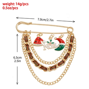 Detailed size view of Christmas NOEL brooch with multi-layer chains and enamel charms