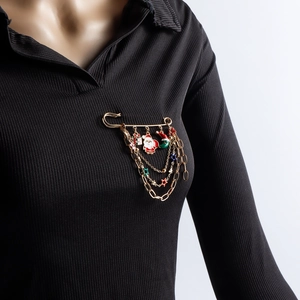 Christmas Santa Claus Enamel Multi Layer Chain Brooch Gold Alloy Noel Moon Star Pin For Women Holiday Party Gift Jewelry