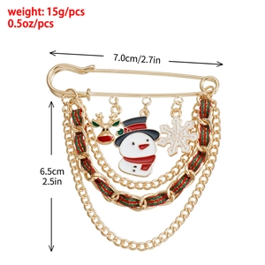 Christmas chain brooch with snowman, reindeer and snowflake pendants on golden safety pin