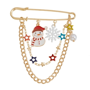Christmas snowman and snowflake layered chain brooch with colorful stars and pearl