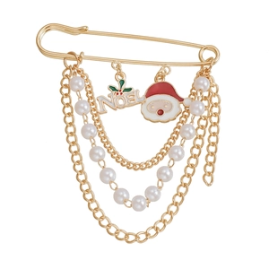 Broche épingle de Noël dorée avec pendentifs Père Noël et perles pour femmes