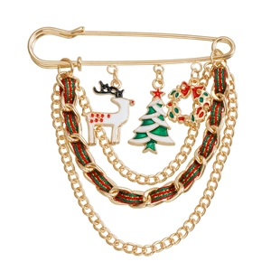 Festive gold safety pin brooch with Christmas reindeer tree charms and layered ribbons