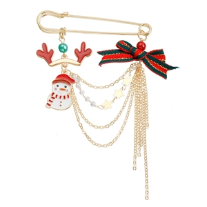 Broche bonhomme de neige de Noël avec bois de renne, nœud écossais, perles et glands