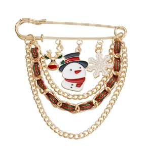 Christmas gold safety pin brooch with reindeer snowman charms and colorful ribbons