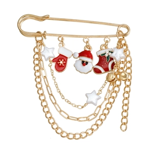 Weihnachtliche mehrlagige Kettenbrosche mit Weihnachtsmann, Socke und Glockenanhängern