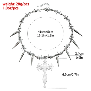 Gothic punk barbed wire choker necklace with spikes and large hollow cross pendant