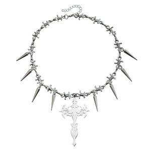 Punk silver thorn choker necklace with metallic rivets and a hollow cross pendant