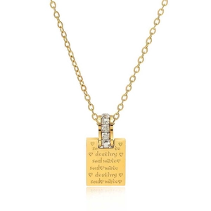 Titanium steel square pendant necklace with destiny engraving and zircon accents