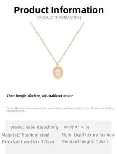 Detail showing 40cm titanium steel chain and 1.1x1.5cm shell pendant dimensions
