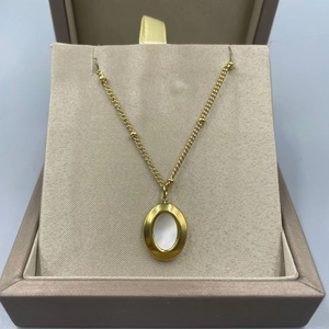 Macro shot of oval shell pendant on golden beaded chain in elegant jewelry gift box