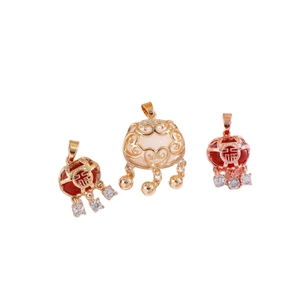Traditional Chinese cat eye stone longevity lock pendant with red Fu lanterns charms
