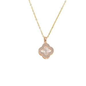 Elegant gold four-leaf clover sweater necklace featuring translucent moonstone and zircons