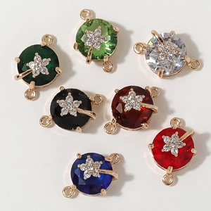 Vintage Copper Round Pendant Connectors Gold Plated Star Flower Pattern Inlaid Rhinestone Jewelry Making Findings DIY
