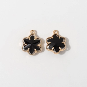 Pair of 12mm gold-plated six-leaf flower pendants with black faceted stone for DIY jewelry