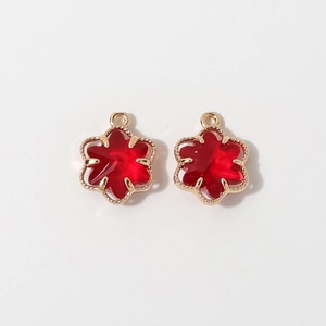 Pair of 12mm gold plated 6-petal flower charms with red faceted resin for DIY jewelry making