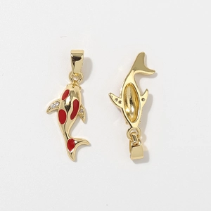 Lucky Koi Carp alloy pendants with red enamel finish and white cubic zirconia details