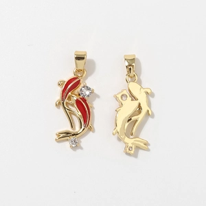 Golden Koi carp charms with red enamel and sparkling zircons for jewelry making