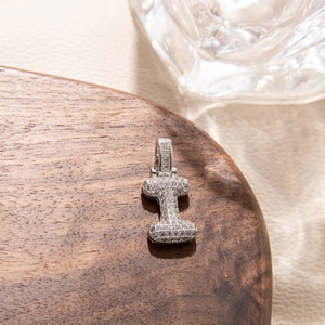 Detailed macro view of the silver letter I pendant featuring micro-set sparkling zircon