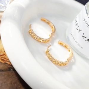 Detailed view of gold hoop earrings with micro-pave zircons placed on a white ceramic plate