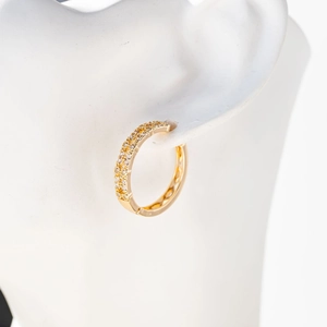 Detailed close-up of gold-plated hoop earrings featuring double-row paved cubic zirconia