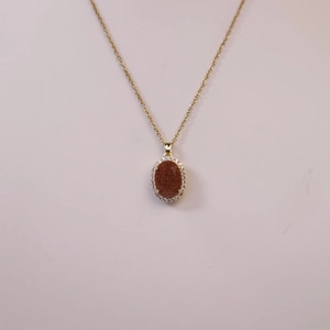 French Vintage Oval Goldstone Blue Sandstone Pendant Necklace Copper Gold Silver Plated Zirconia Halo Necklace For Women