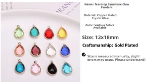 Detailed view of 12x18mm teardrop crystal pendants with gold plated copper base