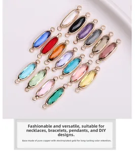 Detailed macro view of 15 colorful oval faceted crystal connectors with gold plated frames