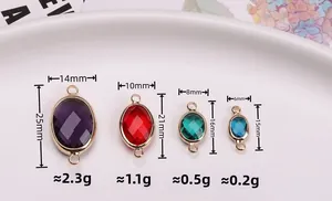 Detail of oval crystal connectors in purple, red, green and blue with gold plated frames