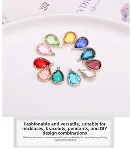 Macro detail of teardrop crystal charms in gold-plated copper for DIY jewelry making