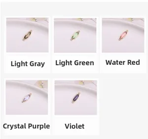 Detailed view of oval crystal connectors in gold frames across five pastel colors