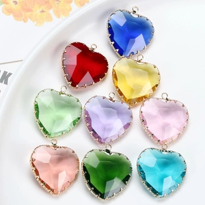 Set of faceted colorful heart crystal pendants with gold metal edge for DIY jewelry making