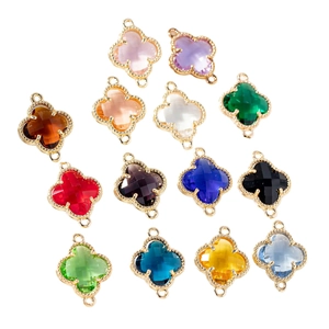Colorful clover crystal pendants with gold beaded edges and double rings for DIY jewelry