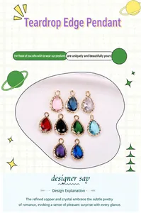 Detailed view of nine colorful crystal water drop pendants with gold-plated scalloped edges