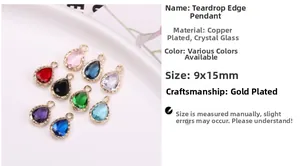 Macro detail of 9x15mm faceted crystal teardrop charms with gold-plated copper edges