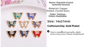 Macro shot of colorful crystal butterfly pendants in various shades with gold plated edges